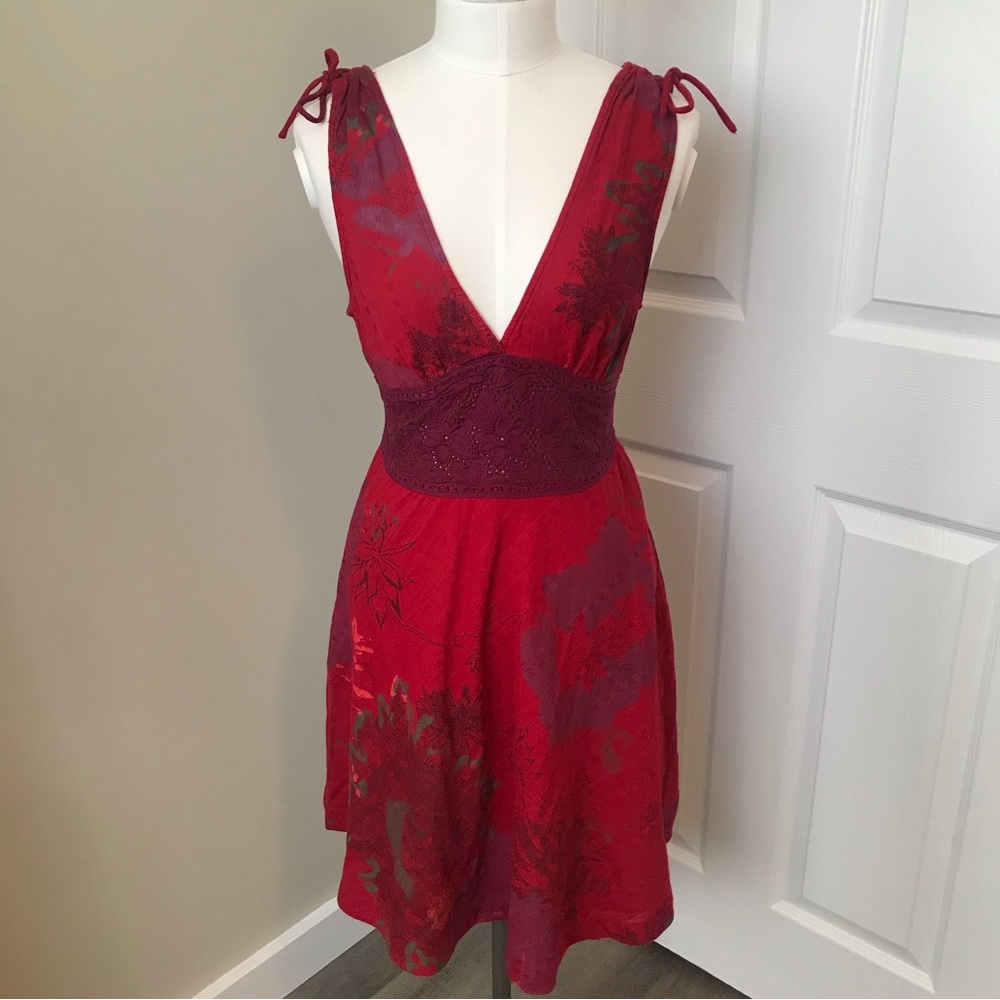 NWT Free People Red Floral Deep-V Summer Midi Cotton Dress w Tie Back